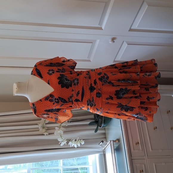 NWOT Karen Millen Womens Orange/Blue Floral/Dot Print  Mini Tiered Dress S-6‎ - Picture 1 of 9